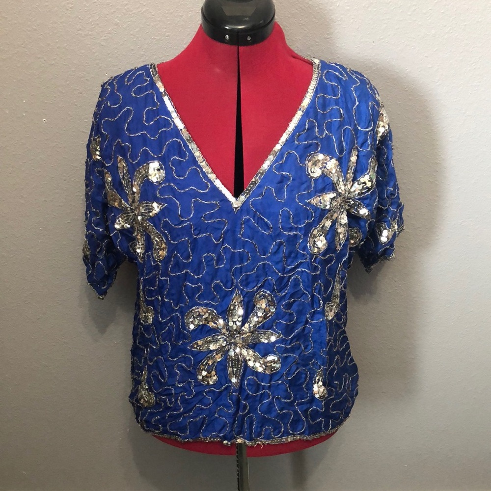 Vintage Evening top Women's S formal sequins cocktail 100% silk party sparkling
